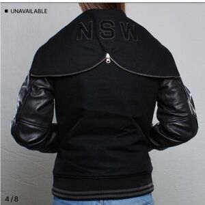 Nike NSW Black Leather Wool Hooded Destroyer Varsity Bomber Jacket Sz S Preppy